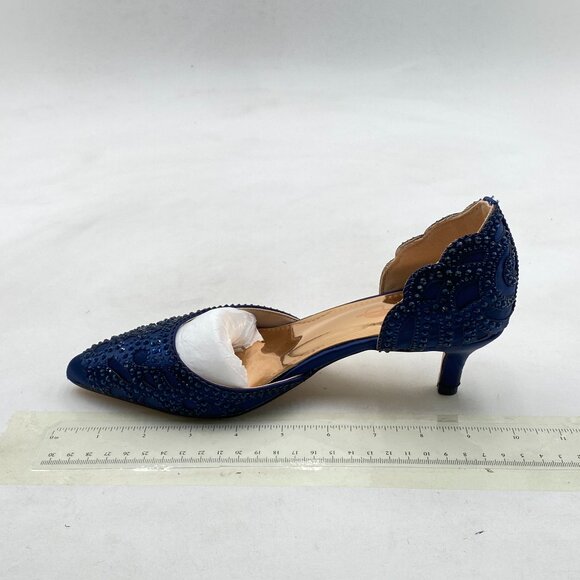 XYD Navy Pointed Toe D'Orsay Kitten Heel Rhinestone Studs Slip-On Satin Shoes - Picture 2 of 8